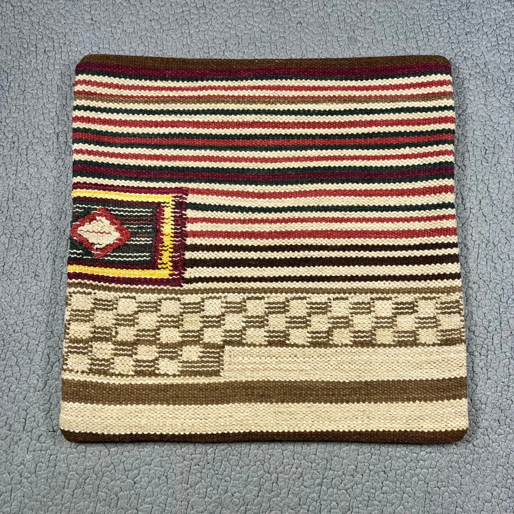Pottery Barn Kilim Wool Blend Pillow Cover 20x20 Southwestern Striped Brown Red